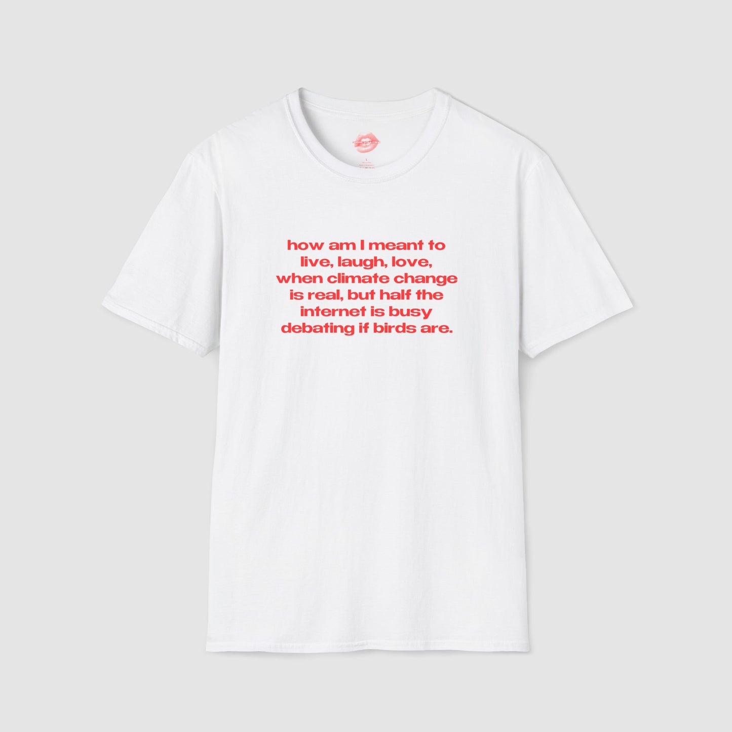 "How Am I Meant To Live, Laugh, Love, When Climate Change Is Real, But Half The Internet Is Busy Debating If Birds Are." | Text Only | T-Shirt