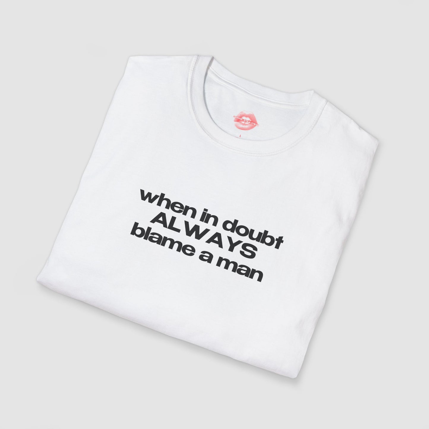 "When In Doubt, Always Blame A Man" | Text Only | T-Shirt