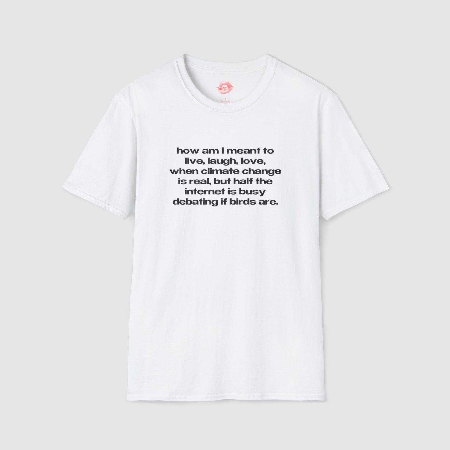 "How Am I Meant To Live, Laugh, Love, When Climate Change Is Real, But Half The Internet Is Busy Debating If Birds Are." | Text Only | T-Shirt