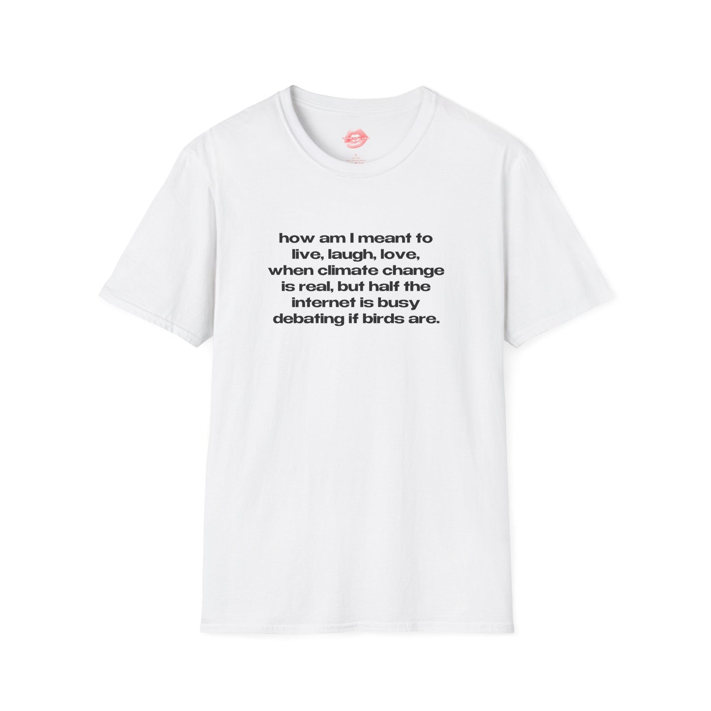 "How Am I Meant To Live, Laugh, Love, When Climate Change Is Real, But Half The Internet Is Busy Debating If Birds Are." | Text Only | T-Shirt