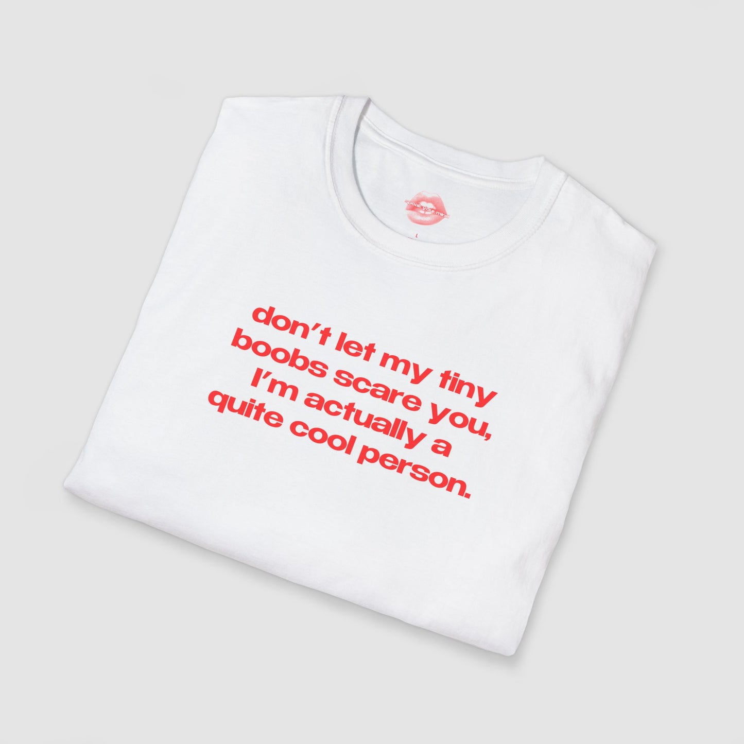 "Don't Let My Tiny Boobs Scare You, I'm Actually A Quite Cool Person." | Text Only | T-Shirt