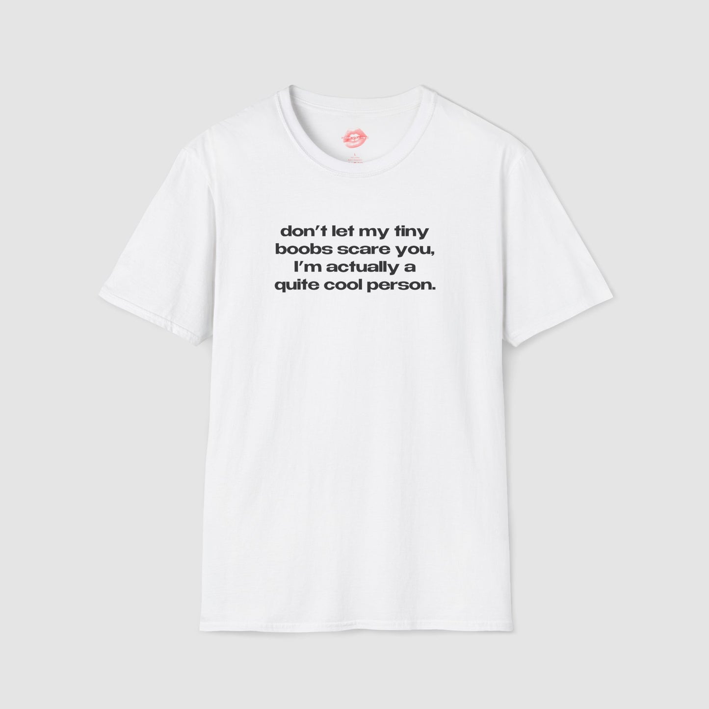 "Don't Let My Tiny Boobs Scare You, I'm Actually A Quite Cool Person." | Text Only | T-Shirt