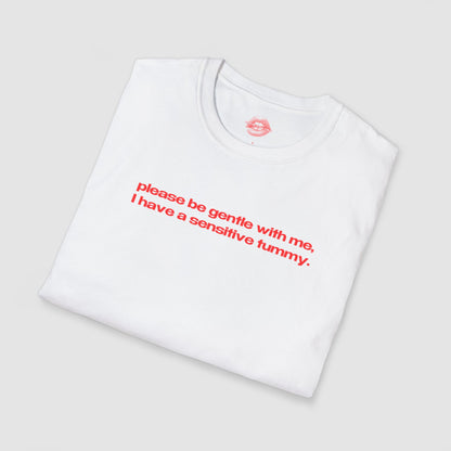 "Please Be Gentle With Me, I Have A Sensitive Tummy." | Text Only | T-Shirt